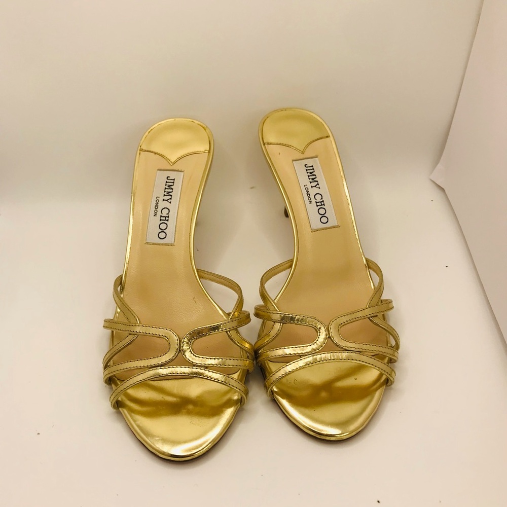 Jimmy Choo Metallic Gold Strappy Slide Heels - Picture 4 of 12